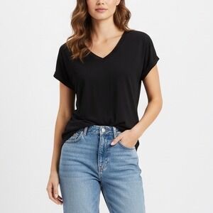 XIEERDUO Black V Neck Short Sleeve Basic T Shirt Top Size S